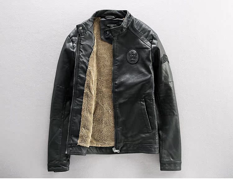 Mỹ mùa đông cộng với nhung dày đầu máy quần áo thủy triều nam quần áo da lỏng lẻo Harley đứng cổ áo khoác da PU áo khoác nam áo khoác dài nam
