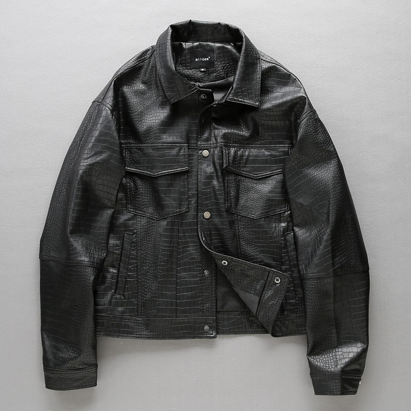 [Clearance] American-Style Venom Leather Jacket for Men, Trendy Brand, Cool Biker Style, High-End Crocodile Pattern Pu Leather Jacket