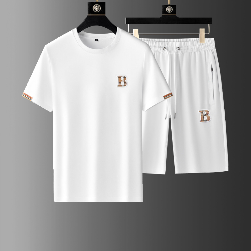 Summer Sports Suit for Men, Short-Sleeved Shorts, High-End Mercerized Cotton T-Shirt with Letter B Embroidery, Stylish and Casual for Young People