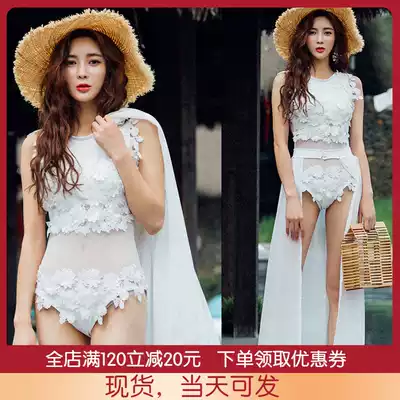 Sanya Bali holiday petal sexy one-piece swimsuit women's net red thin hot spring white lace swimsuit