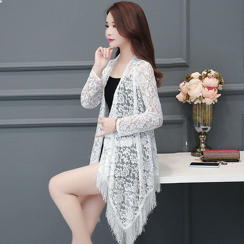 Summer and Autumn Long-Sleeved Women's Outerwear, Large Size, Mid-Length Lace Sun Protection Clothing, Shawl, Loose Cardigan, Mesh Thin Jacket