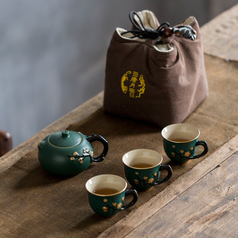Tang Yue Kiln Travel Tea Set One Pot Three Cups Japanese Portable Tea Set Storage Bag Simple Household Handle Teacup