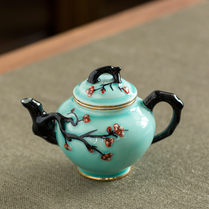 Tang Moon Kiln Green Porcelain Teapot Home Ceramic Bubble Teapot Day Tea Set Hand Painted Plum Large Capacity Teapot Set