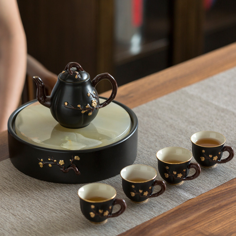 Tang Moon Kiln Home Utiliti Tea Furniture Set Hand-painted Plum Blossom Teapot Teapot With Handle Tea Cup Set Group Jade Small Tea Tray