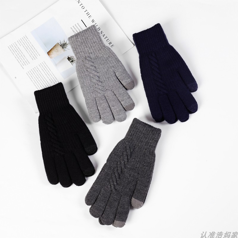 Men's wool knitted double layer autumn and winter thickened plus velvet touch screen warm gloves student warm gloves female Korean version