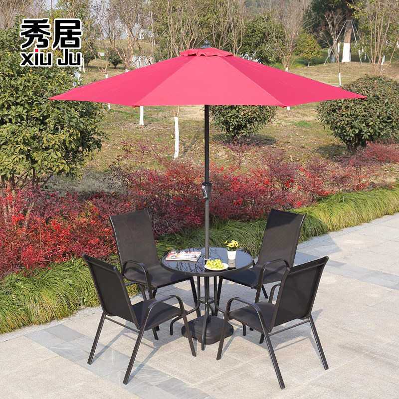Outdoor Table And Chairs Umbrella Combined Open-air Patio Casual Balcony Small Tea Table Combined Coffee Milk Tea Shop Iron Art Three Sets