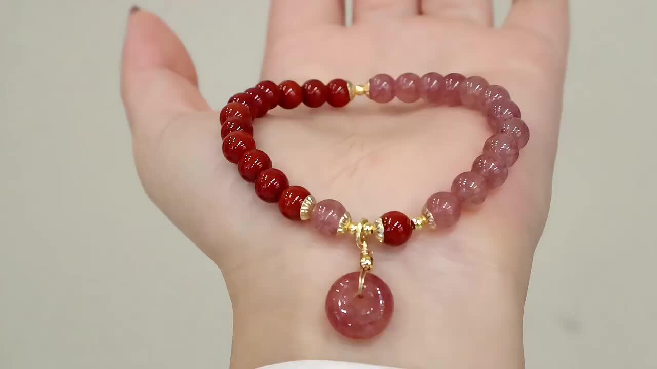 2022 Pink Strawberry Crystal Bead Bracelet Lucky Bangle