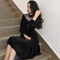 2018 mới liệt kê giảm béo ren khâu váy nhung tay áo dài Phần dài Một từ trang phục phụ nữ đầm nữ de thương