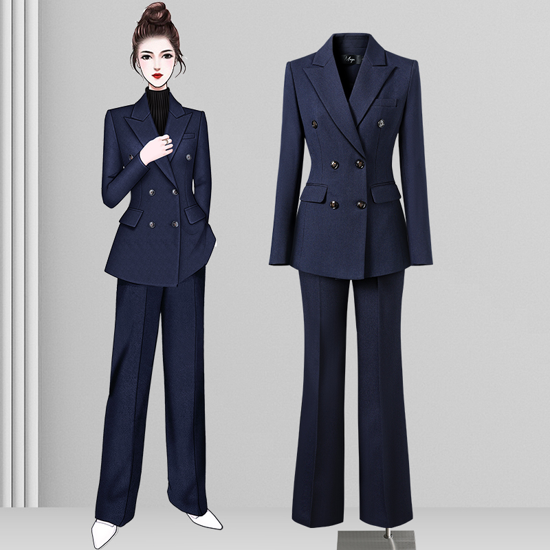 Double-Breasted Suit Set for Women with Wide-Leg Pants, High-End Goddess Style, Interview Formal Wear, 4S Store Sales Professional Work Attire