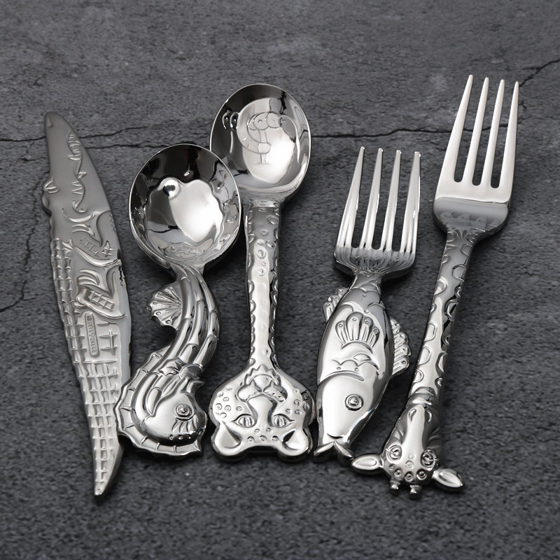 Small animals 304 stainless steel baby spoon children eating spoon eating noodles fork student gift cartoon training spoon