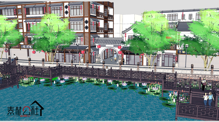 sketchup中式壮族少数民族商业街古镇旅游景区滨水景观设计SU模型 第10张