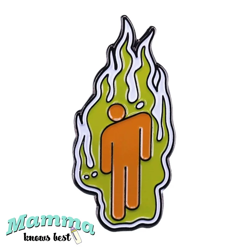 Брошь эмалированная Billie Eilish Blohsh flame, металлическая булавка 6,05×5 см, оранжевая/зелёная