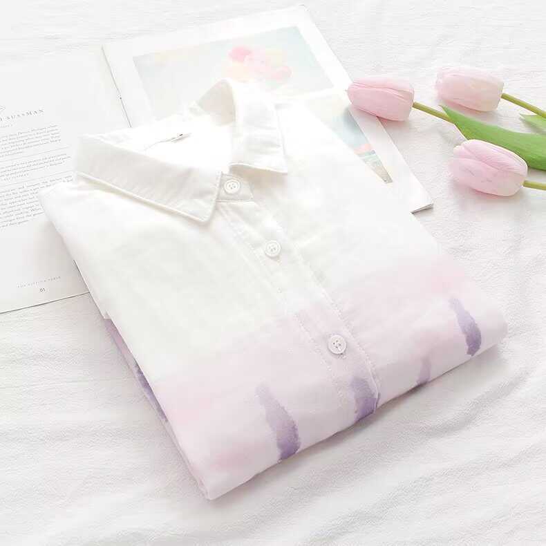 Purple Lavender Print~New Spring Fashion Sweet and Fresh Pure Cotton Long-Sleeved Shirt for Women Loose-Fitting Shirt
