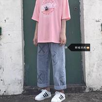 Printed jeans female graffiti personality straight loose high waist small student retro wide-legged pants in