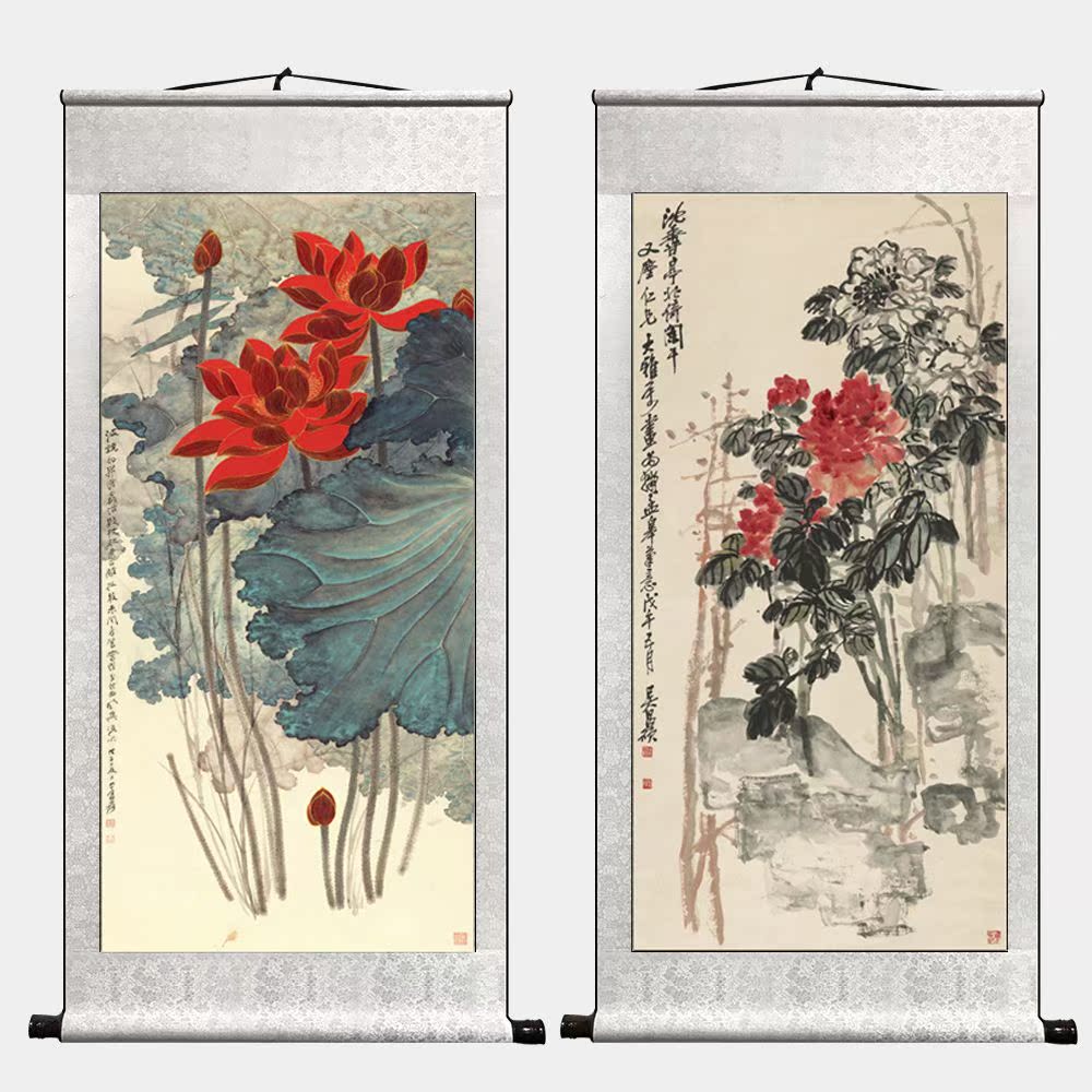 Living room Bedroom Studio Lotus Bamboo Retrospective Scroll Decoration Hangshui Painting Office Handicap Painting