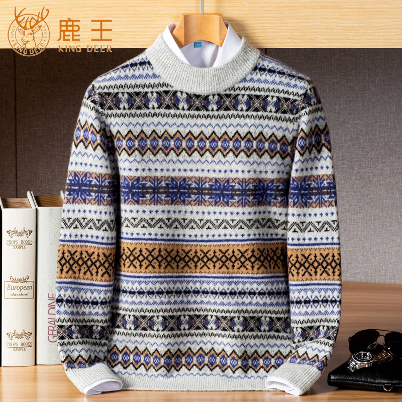 Deer King cashmere sweatshirt male 100 pure cashmere semi-high collar thickened sweater with aged broken flower knit base goat sweatshirt-Taobao