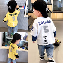 Baby spring and autumn new digital fake two-piece T-shirt boys  middle and small childrens Korean version loose casual round neck top tide