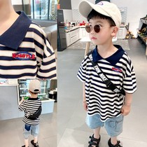 Smooth and breathable hole Zhu Dimian boy foreign-striped short-sleeved polo shirt for childrens baby lapel T-shirt shirt