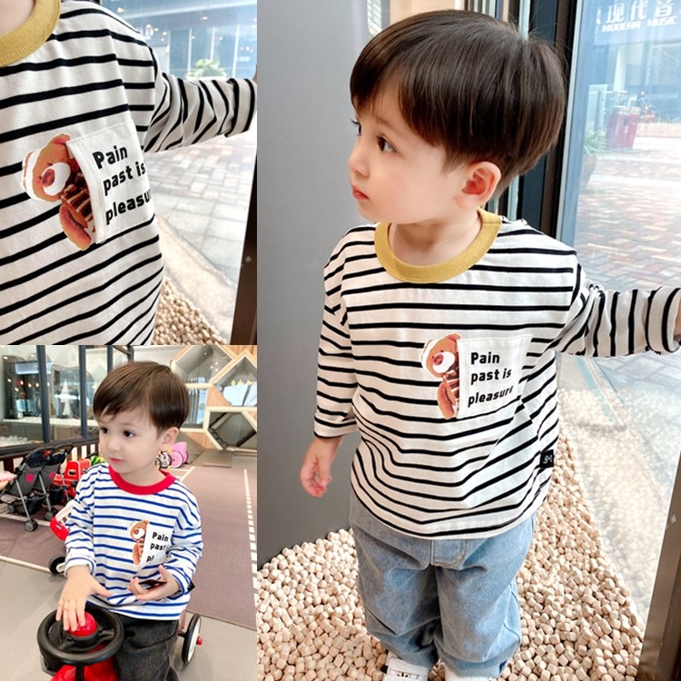 Pocket Cubs ~ Boy pure cotton striped Long sleeves T-shirt in children's spring autumn Coloured neckline blouses undershirt
