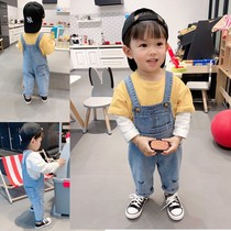Baby soft denim bib 2020 autumn mens and womens childrens infants and childrens spring and autumn Korean version of foreign pants