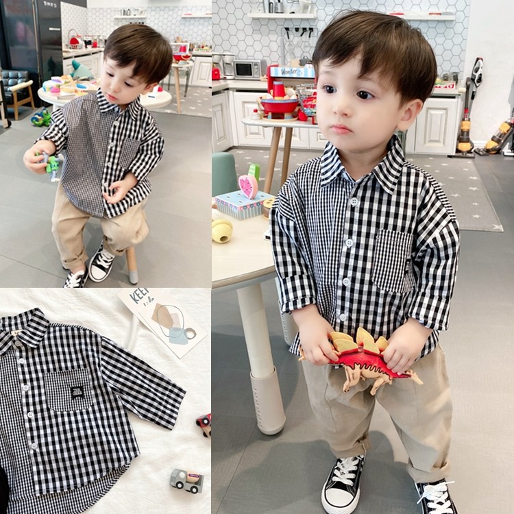 Western style stitching design boys cotton long-sleeved shirts small children's baby spring and autumn thin section Korean version of the plaid shirt tide