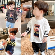 Giant good-looking ~ boys 2021 autumn bear fake Two T-shirt baby cotton long sleeve shirt base shirt