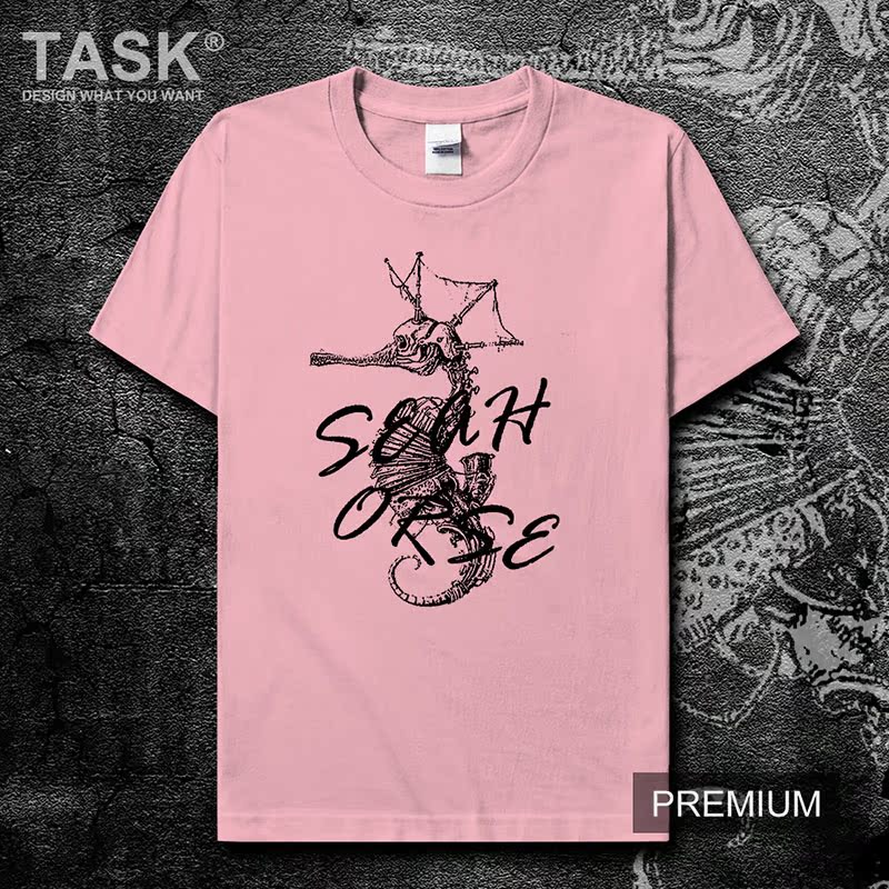 TASK Marine Seahorse Summer gốc lớn Mã bông ngắn tay áo thun nam và nữ Casual Hip-Hop trên 0007