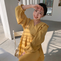 Nala homemade Pregnant Woman V Collar Style Dress Code Dress 2022 Springtime New Cashew Slim Temperament Long Skirt