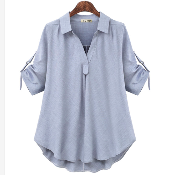 Summer European and American style foreign trade large -size women's clothing five -point anti -folding sleeve loose and thin mid -length wild shirt top