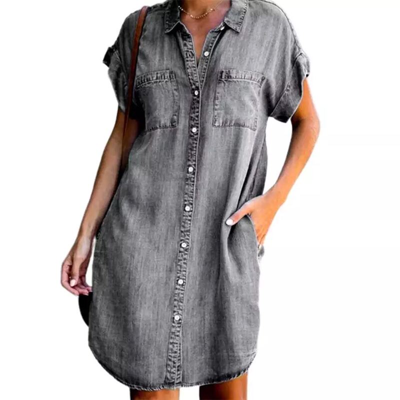 Summer New Women's Clothing European and American Style Lapel Short-Sleeved Slim Dress Single-Breasted Denim Shirt Dress Short Skirt