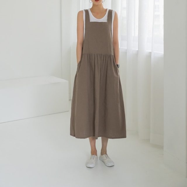 Student cotton linen casual slim sling sleeveless dress washed cotton cloth art large size vest skirt female DRESS