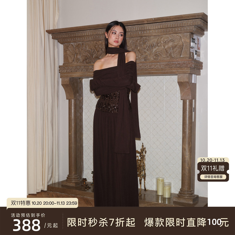 J Thechosen "Twilight Galaxy" One-Shoulder Sequin Long-Sleeve Scarf Two-Piece Dress Long Skirt