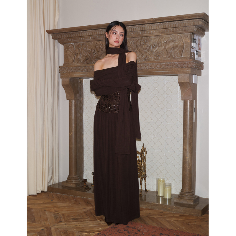 J Thechosen "Twilight Galaxy" One-Shoulder Sequin Long-Sleeve Scarf Two-Piece Dress Long Skirt