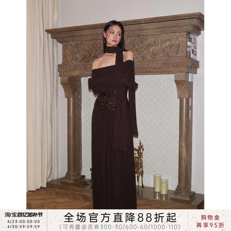 J Thechosen "Twilight Galaxy" One-Shoulder Sequin Long-Sleeve Scarf Two-Piece Dress Long Skirt