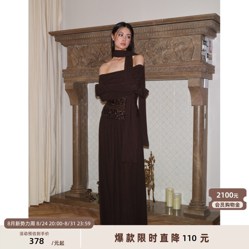 J Thechosen "Twilight Galaxy" One-Shoulder Sequin Long-Sleeve Scarf Two-Piece Dress Long Skirt J Thechosen "Twilight Galaxy" One-Shoulder Sequin Long-Sleeve Scarf Two-Piece Dress Long Skirt