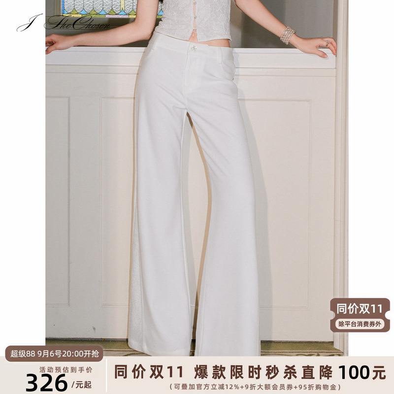 J Thechosen "Timeless White Lace Sequin Patchwork Rhinestone Slim Fit Straight Leg Flared Wide Leg Pants