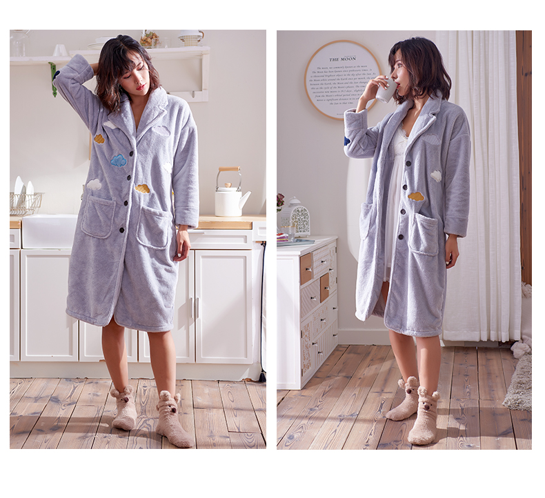 Mùa thu tuyết và mùa đông mỏng san hô lông cừu phụ nữ đồ ngủ Hàn Quốc áo len nữ flannel áo choàng ấm dài áo choàng tắm shop do ngu 
