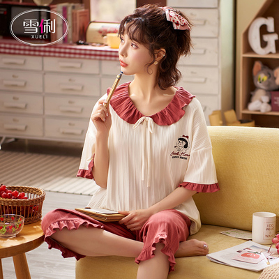 雪俐睡衣女夏棉质短袖短裤薄款