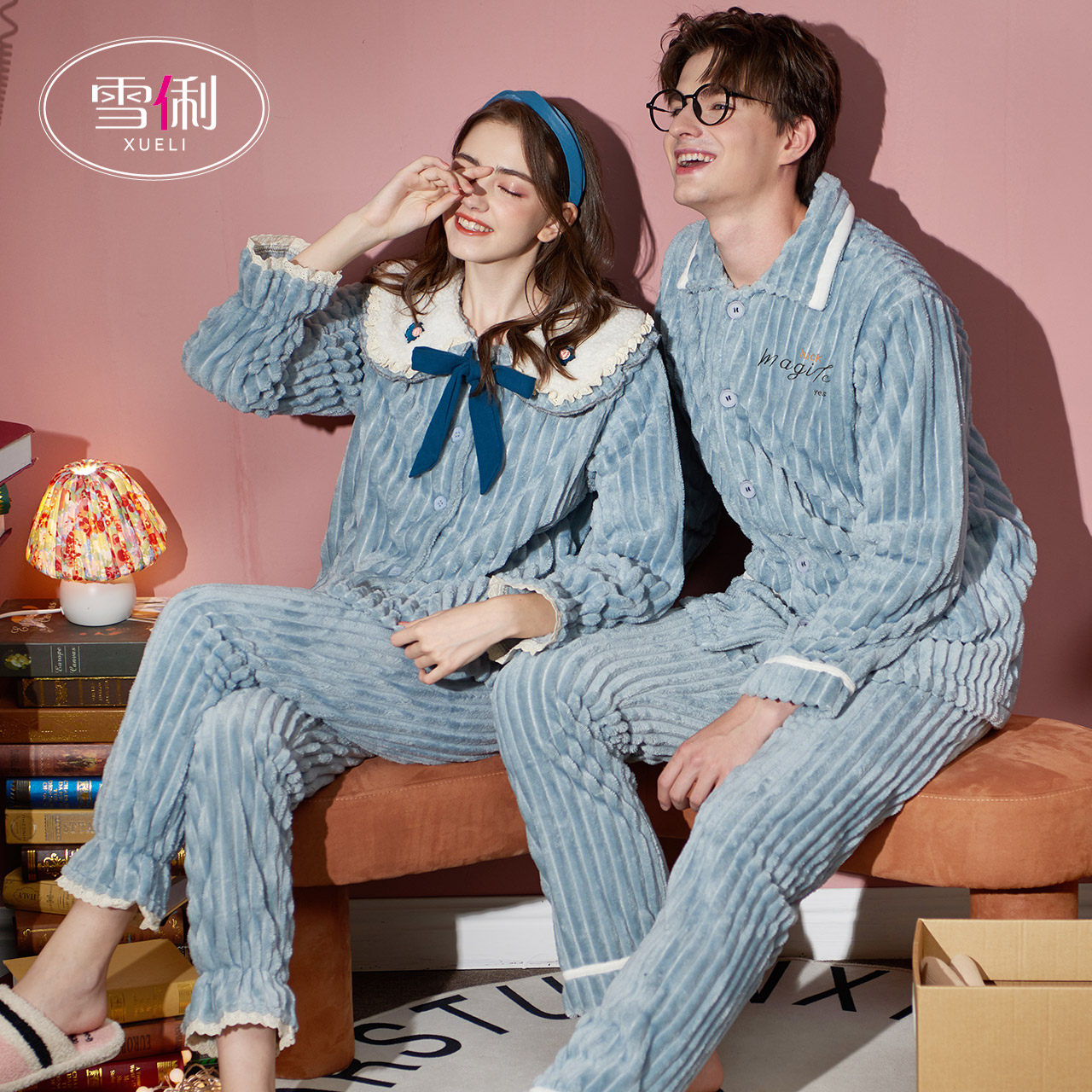 Snow Li autumn winter coral fleece couple pajamas women winter thick plus fleece men flannel winter home wear set