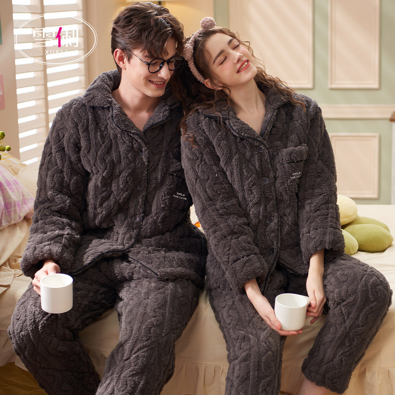 Snow Li winter couple pajamas men three-layer cotton female coral fleece winter thickened plus lint cotton jacket homewear set