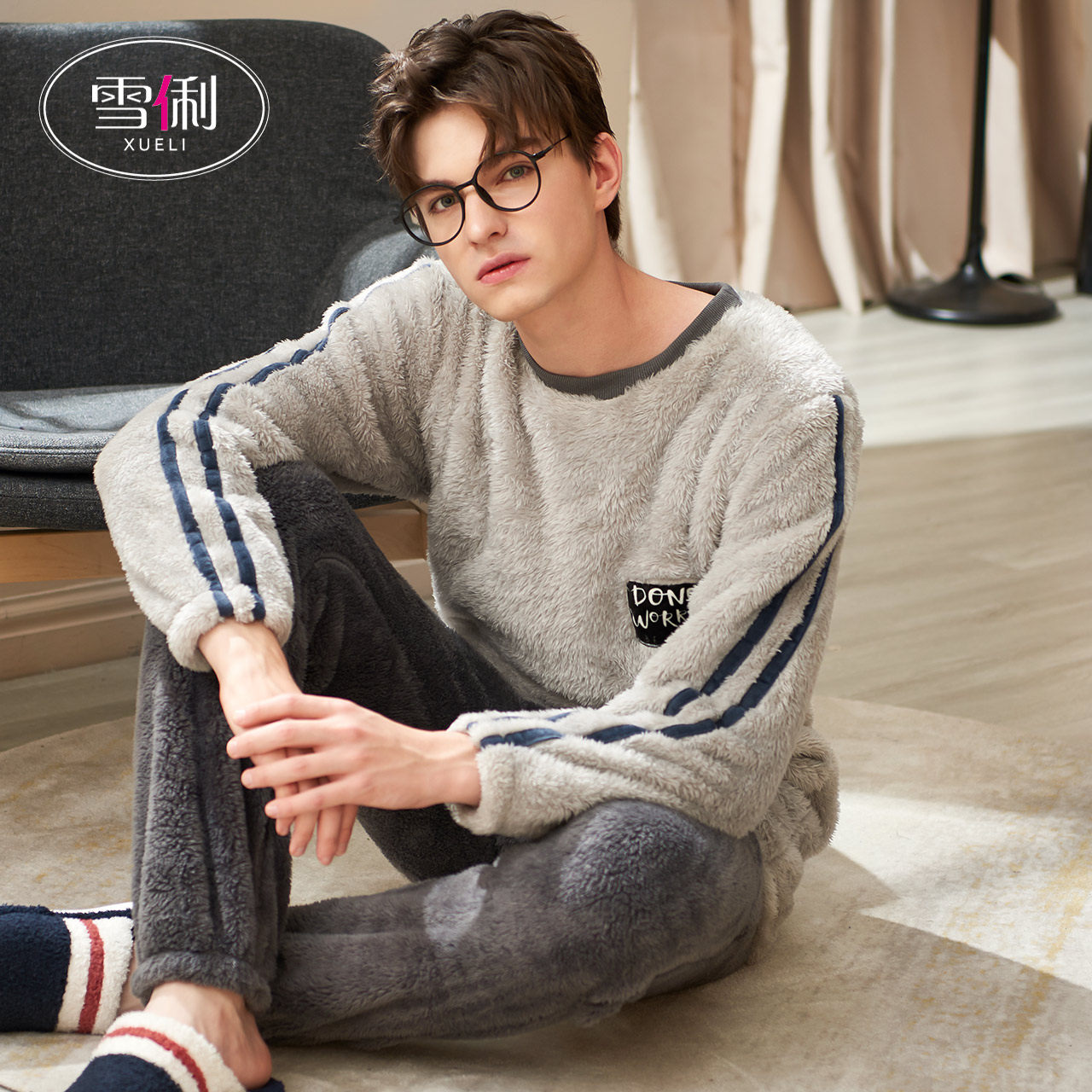 Snow Li men's pajamas winter coral velvet warm autumn and winter large size flannel home clothes men thickened plus fleece winter