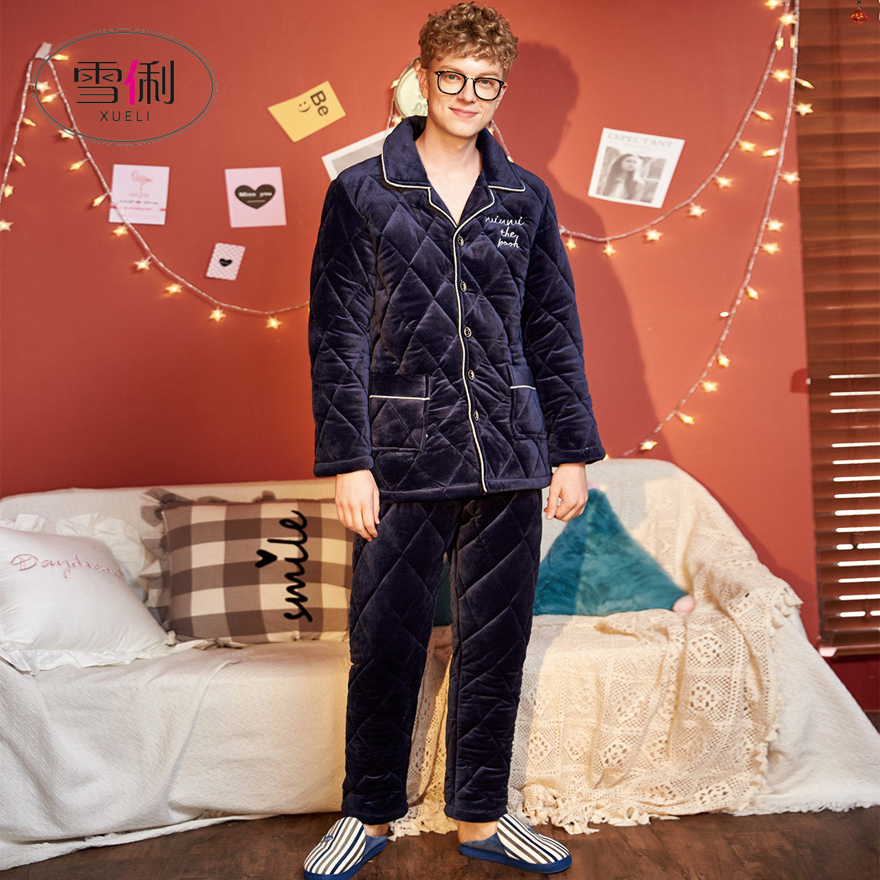 Snow Li pajamas men's winter three-layer thickened plus fleece to keep warm autumn and winter coral fleece jacket home wear set