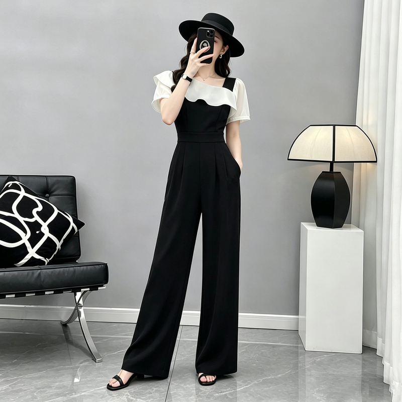 2026 Summer New Short-Sleeve Patchwork Age-Reducing Elegant Jumpsuit Black High-Waisted Wide-Leg Pants Set Color-Block Romper
