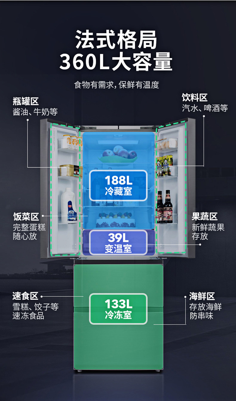 美菱 风冷 一级能效 法式开多门冰箱 360L 图5