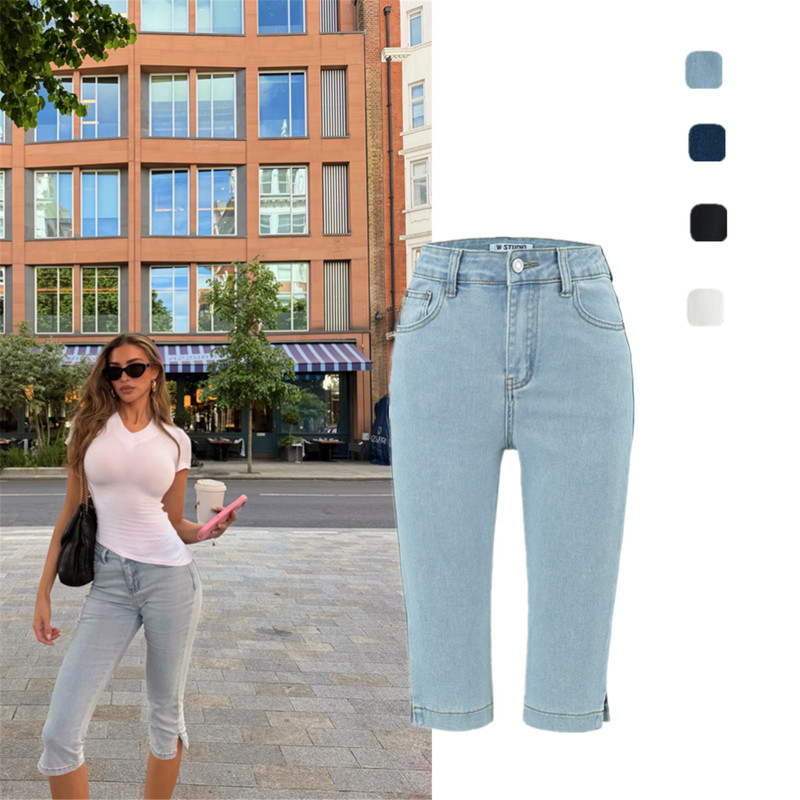 American Retro Style Kendall Jenner Capri Pants, Hip-Hugging Denim Mid-Length Pants, Stretchy, Slim-Fitting, Slimming, Slit Casual Cropped Pants