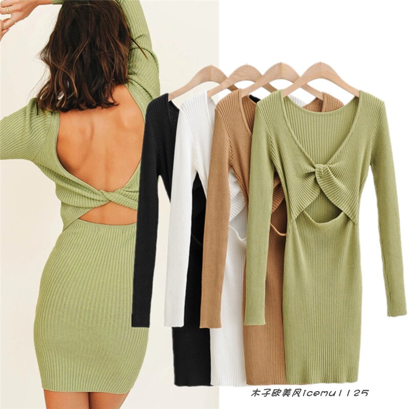 European and American ins Niche Mini Backless Hollow-Out Ultra-Sexy Knitted Reversible Design Long-Sleeve Dress
