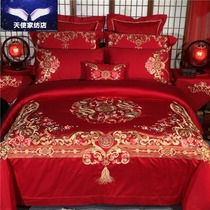 Large red all-cotton 100 marriages 4 pieces of goon satin embroidered wedding dragon Fengxi covered with 60 sets of bedding