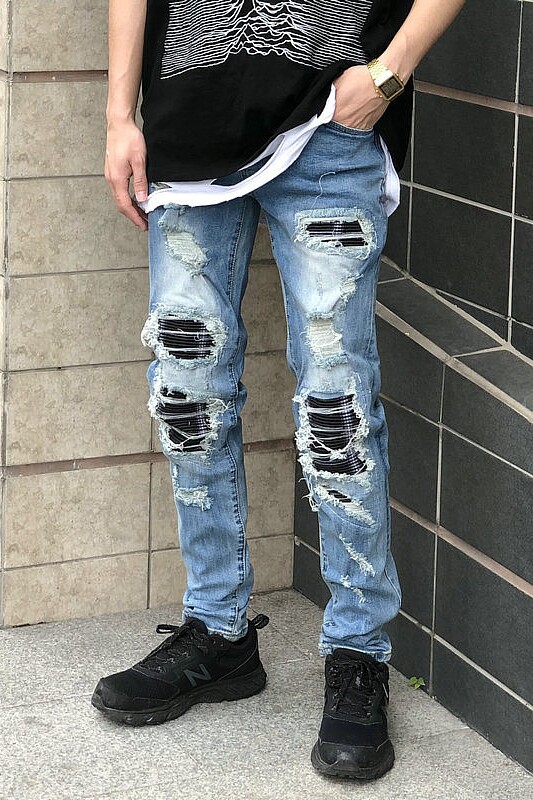 High street trendy brand new AMIRI European and American style micro elastic hip-hop trousers men's slim fit versatile personality trendy style
