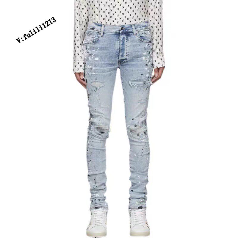 Boomer Amiri men washed up to make old knee knives cut holes to repair the body elastic denim smoke pipe pants