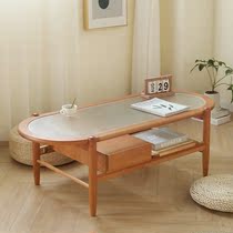 Wood-as-a-Nordic solid wood tea table small family type cherry wood rattan choreography with long iridescent glass log coffee table rectangular tea table
